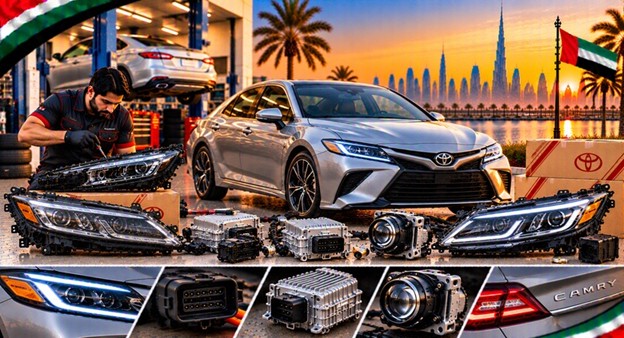 Damaged Toyota Camry headlight lens compared with a clear replacement