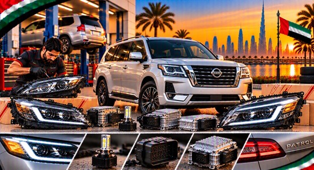 Damaged Nissan Patrol headlight lens compared with a clear replacement