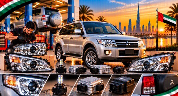 Damaged Mitsubishi Pajero headlight lens compared with a clear replacement