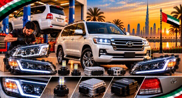 Damaged Toyota Land Cruiser headlight lens compared with a clear replacement