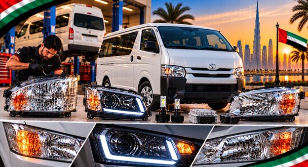 Damaged Toyota Hiace headlight lens compared with a clear replacement
