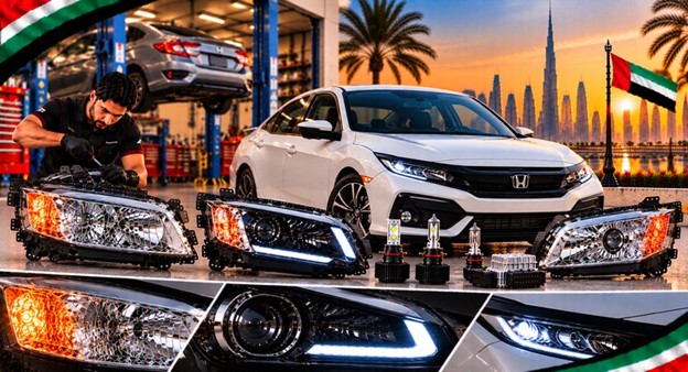 Damaged Honda Civic headlight lens compared with a clear replacement