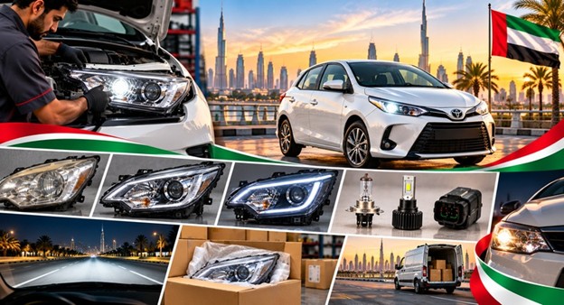 Damaged Toyota Yaris headlight lens compared with a clear replacement