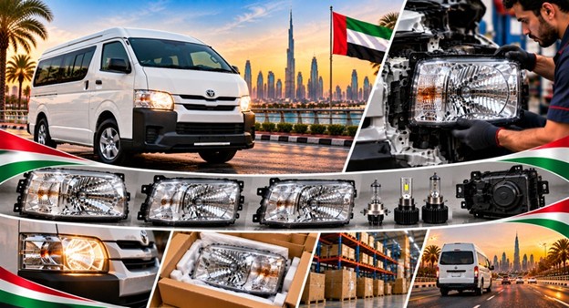 Damaged Toyota Hiace headlight lens compared with a clear replacement