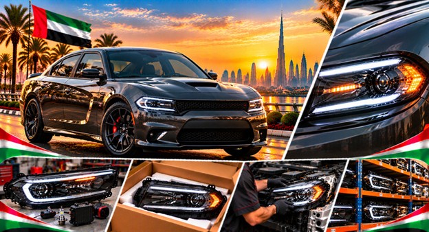 Dodge Charger headlight assembly with lens and housing