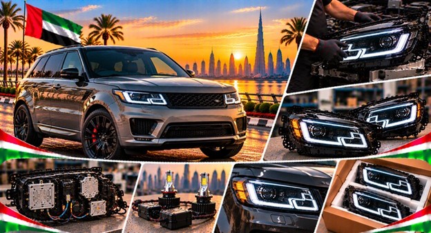 Damaged Range Rover Sport headlight lens compared with a clear replacement
