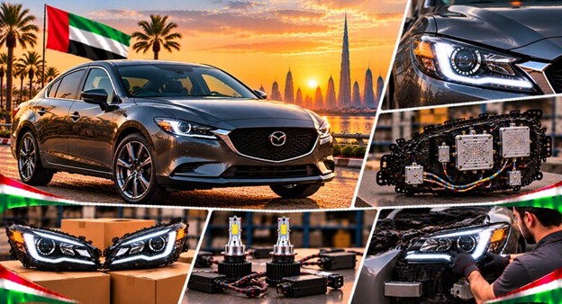 Damaged Mazda 6 headlight lens compared with a clear replacement