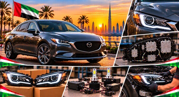 Mechanic installing a replacement headlight on a Mazda 6