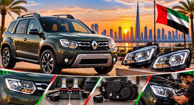 Renault Duster headlight assembly with lens and housing
