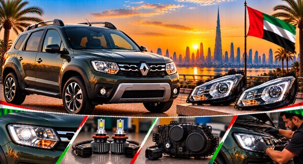 Damaged Renault Duster headlight lens compared with a clear replacement