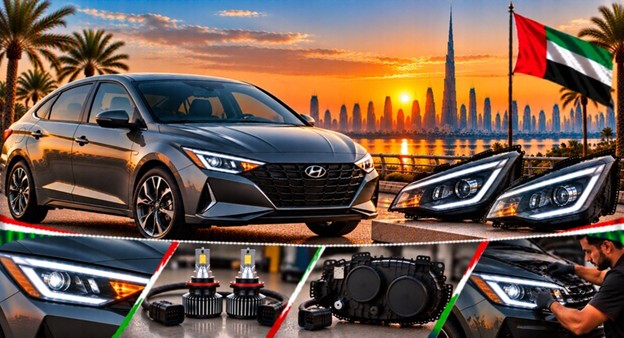 Damaged Hyundai Elantra/Avante headlight lens compared with a clear replacement