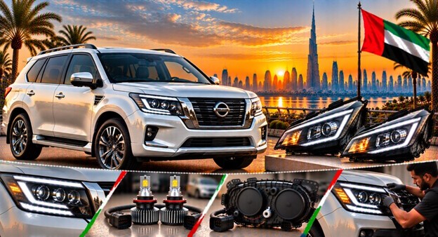 Damaged Nissan Patrol headlight lens compared with a clear replacement