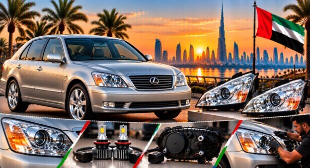 Damaged Lexus LS430 headlight lens compared with a clear replacement
