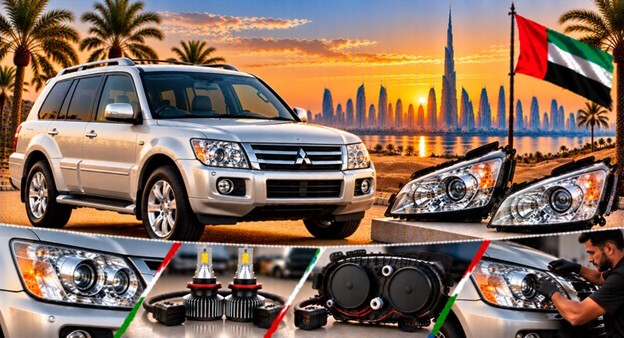 Damaged Mitsubishi Pajero headlight lens compared with a clear replacement