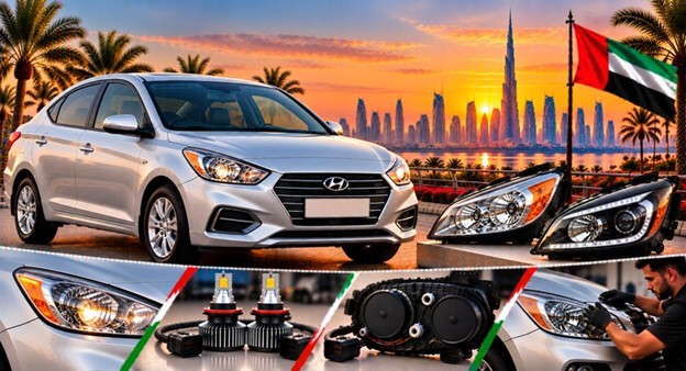 Damaged Hyundai Accent headlight lens compared with a clear replacement