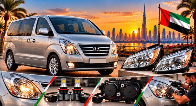 Damaged Hyundai H-1 headlight lens compared with a clear replacement
