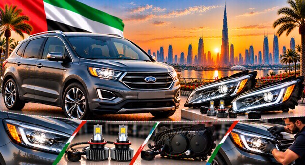 Damaged Ford Edge headlight lens compared with a clear replacement