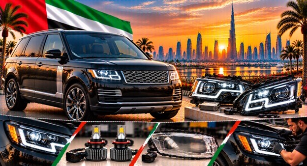 Damaged Range Rover Vogue headlight lens compared with a clear replacement
