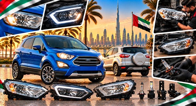 Damaged Ford EcoSport headlight lens compared with a clear replacement