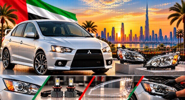 Mitsubishi Lancer headlight assembly with lens and housing