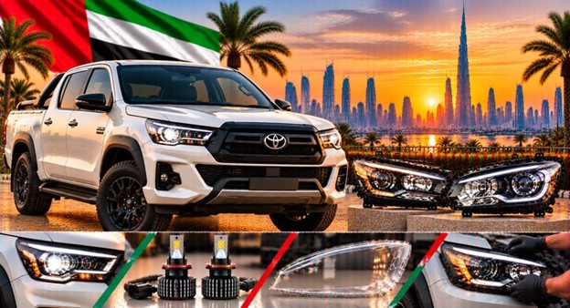 Damaged Toyota Hilux headlight lens compared with a clear replacement