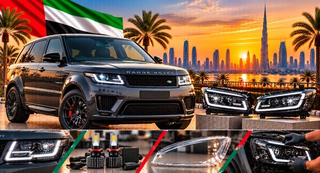 Damaged Range Rover Sport headlight lens compared with a clear replacement
