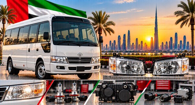 Damaged Toyota Coaster headlight lens compared with a clear replacement