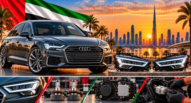 Audi A6 headlight assembly with lens and housing