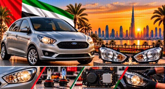 Damaged Ford Figo headlight lens compared with a clear replacement