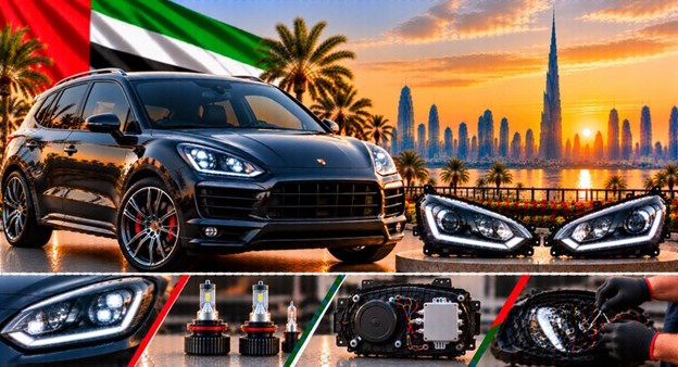 Damaged Porsche Cayenne headlight lens compared with a clear replacement