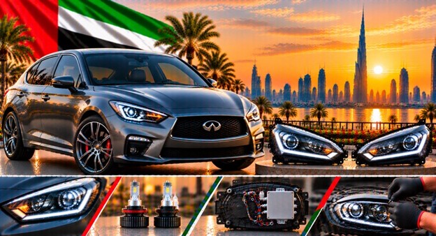 Damaged Infiniti Q50 headlight lens compared with a clear replacement