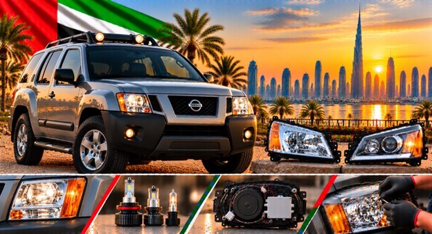Damaged Nissan Xterra headlight lens compared with a clear replacement