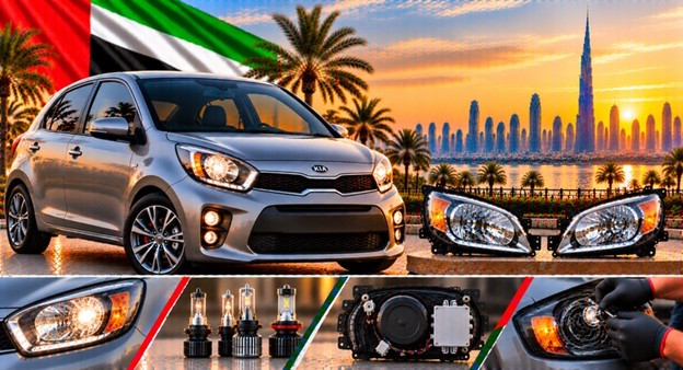 Damaged Kia Picanto/Morning headlight lens compared with a clear replacement
