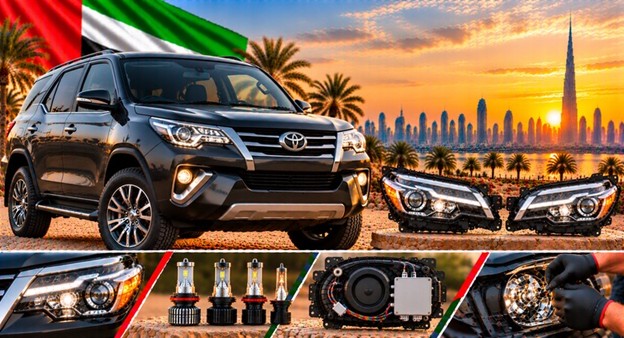 Damaged Toyota Fortuner headlight lens compared with a clear replacement
