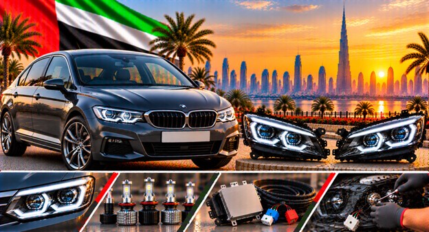 Damaged BMW 320i headlight lens compared with a clear replacement