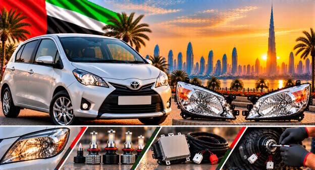 Damaged Toyota Yaris/Vitz headlight lens compared with a clear replacement