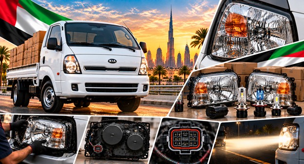 Damaged Kia Bongo headlight lens compared with a clear replacement