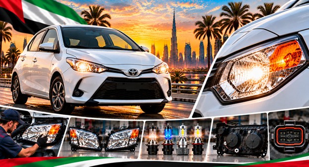 Damaged Toyota Yaris headlight lens compared with a clear replacement